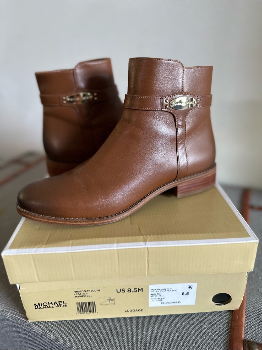 Michael Kors Chestnut Leather Ankle Boots with Gold Plaque